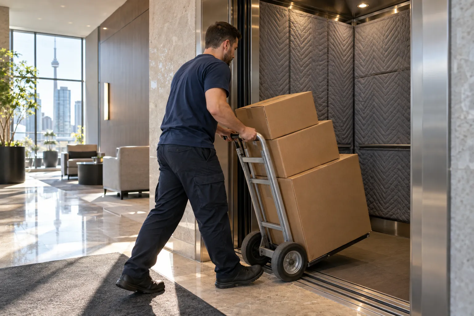 A mover wheeling boxes into a padded condo elevator