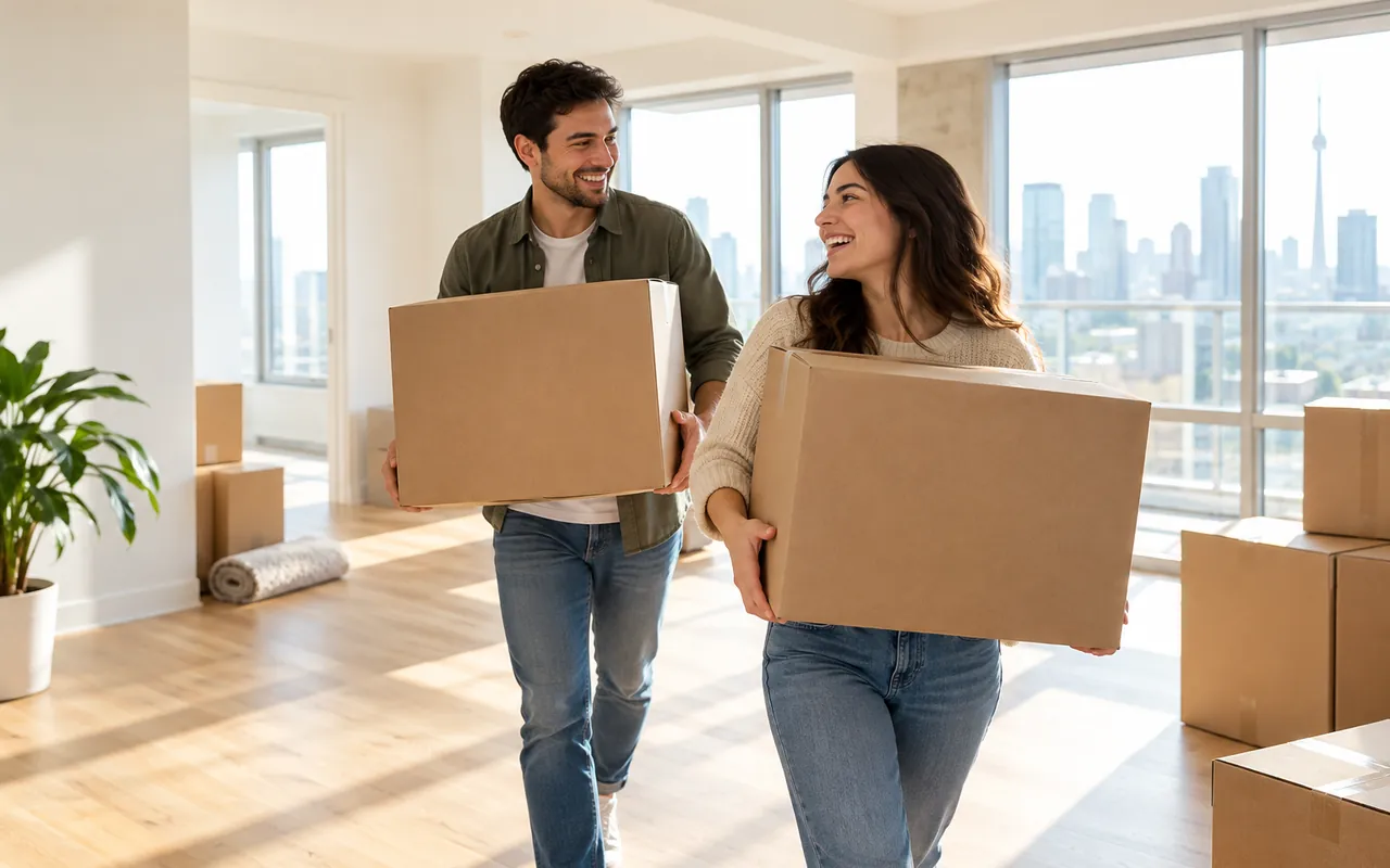 A couple carrying moving boxes into their new apartment