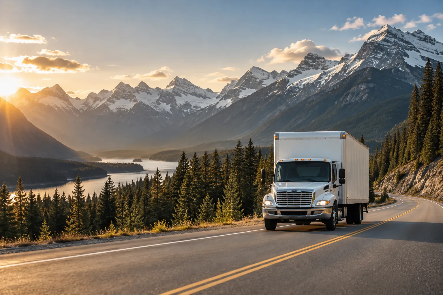A moving truck on a mountain highway