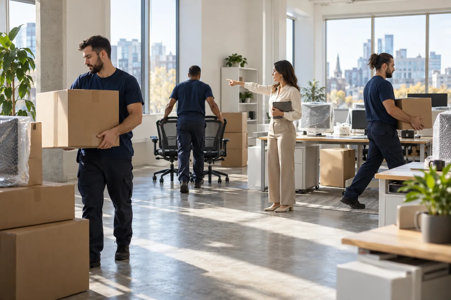 Movers carrying boxes through a bright open-plan office