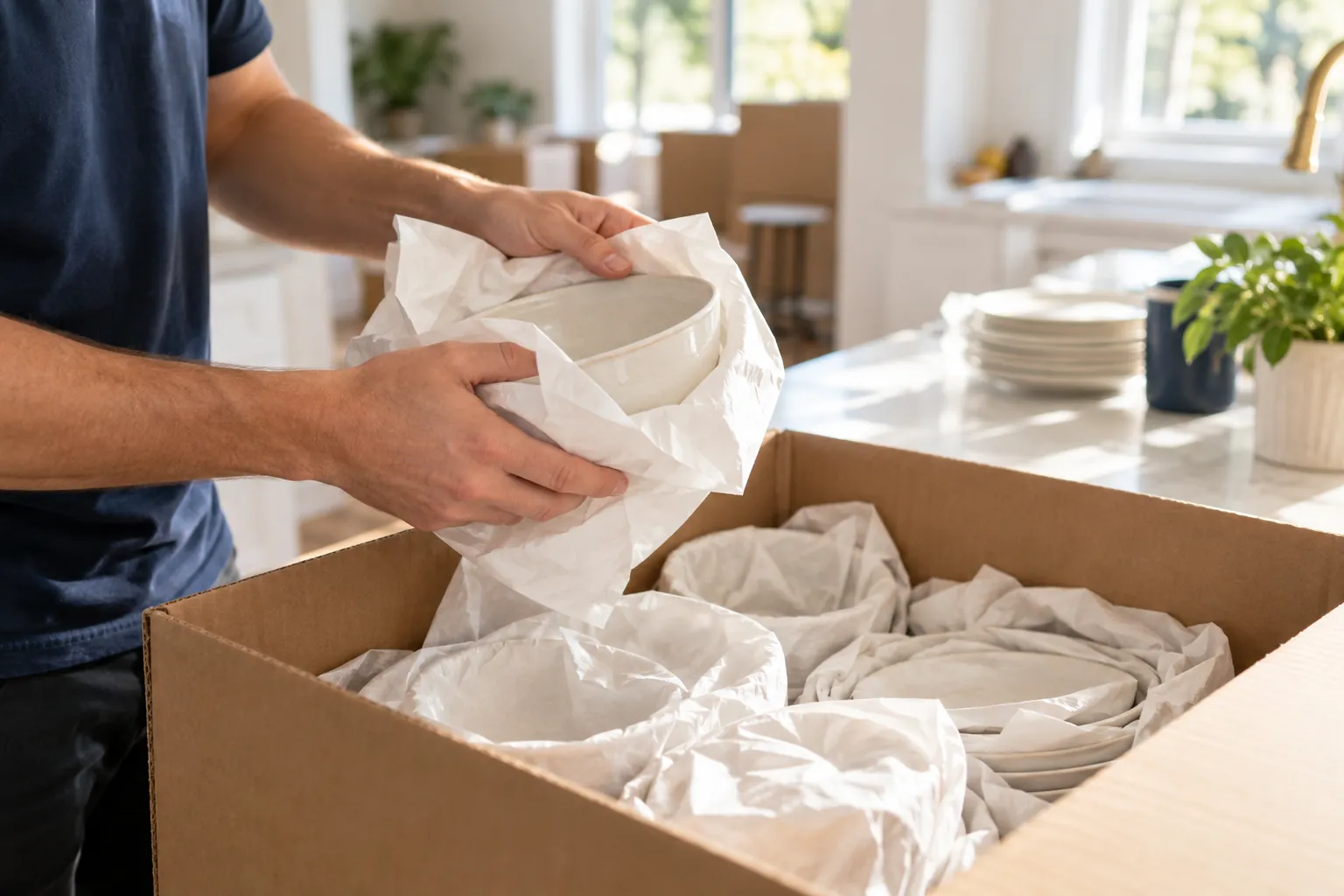 Hands wrapping a bowl in packing paper over a box of dishes
