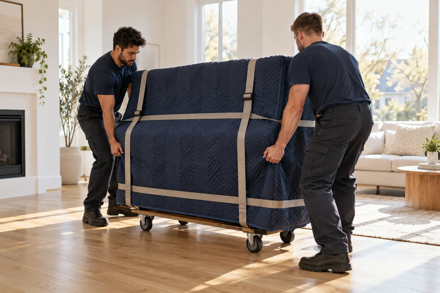 Two movers rolling a blanket-wrapped piano on a dolly across a living room