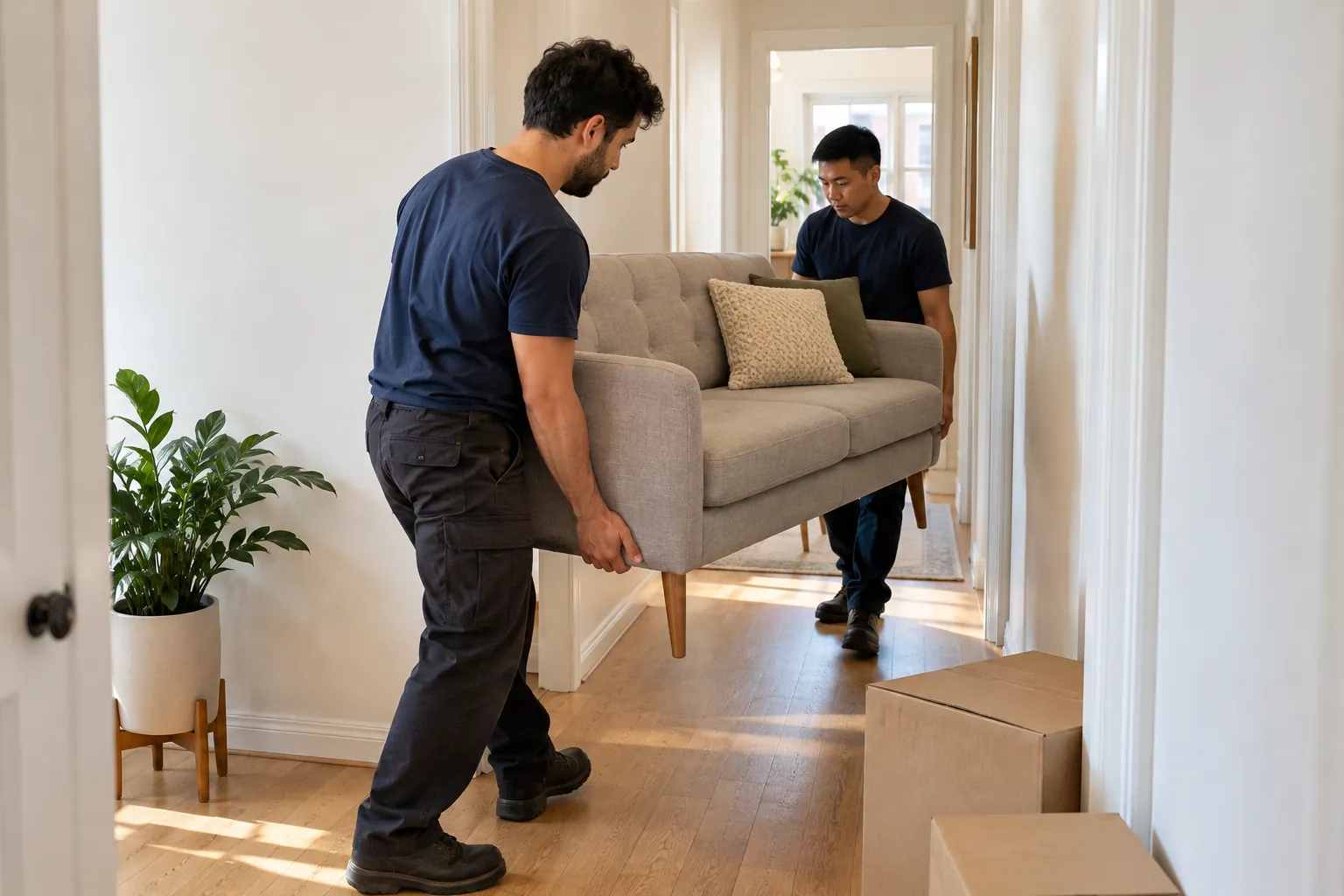 Two movers carrying a loveseat down an apartment hallway