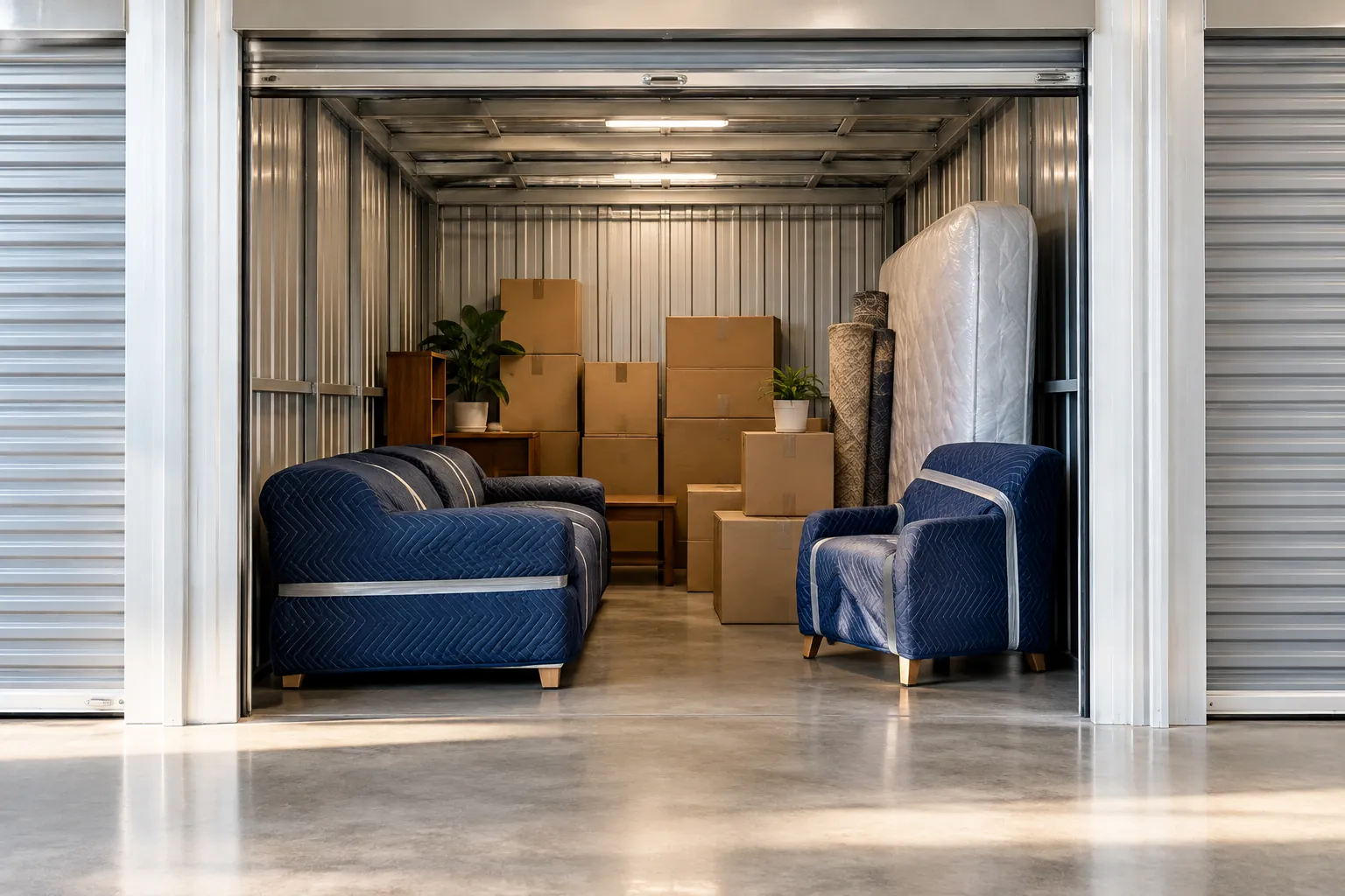 A storage unit with blanket-wrapped furniture and boxes
